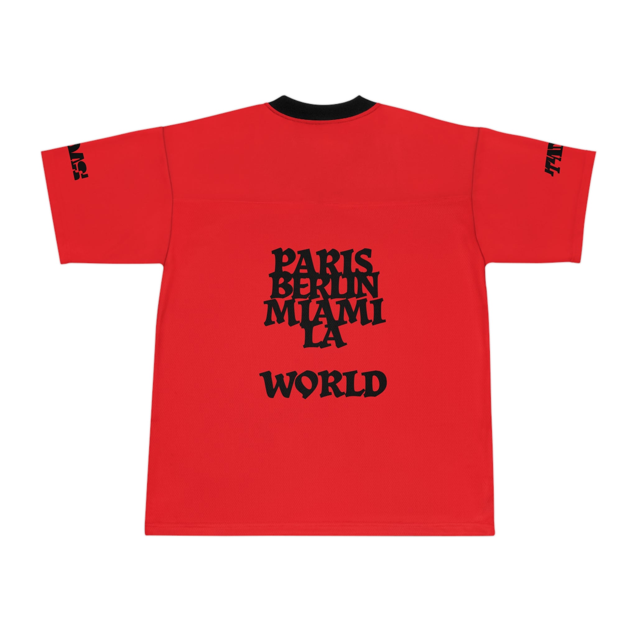 Red t-shirt with black text and logos on a white background