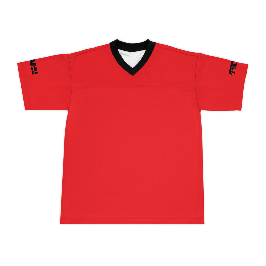 Red sports jersey with black accents on a white background