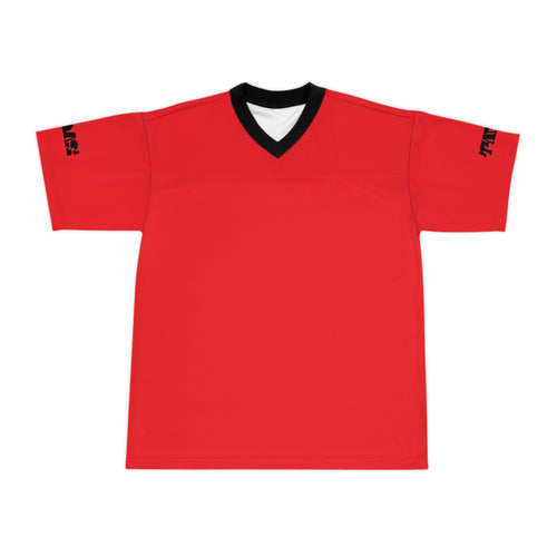 Red sports jersey with black accents on a white background