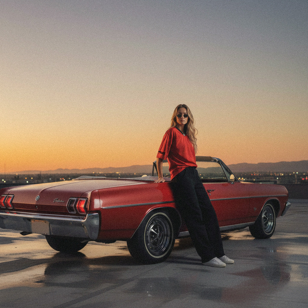 Woman leaning against a classic red car at sunset